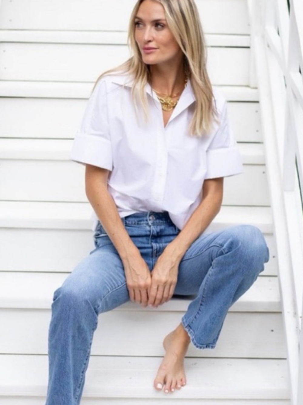Julia Amory Antibes White Cotton Short Sleeve Button Down Shirt XS Designer